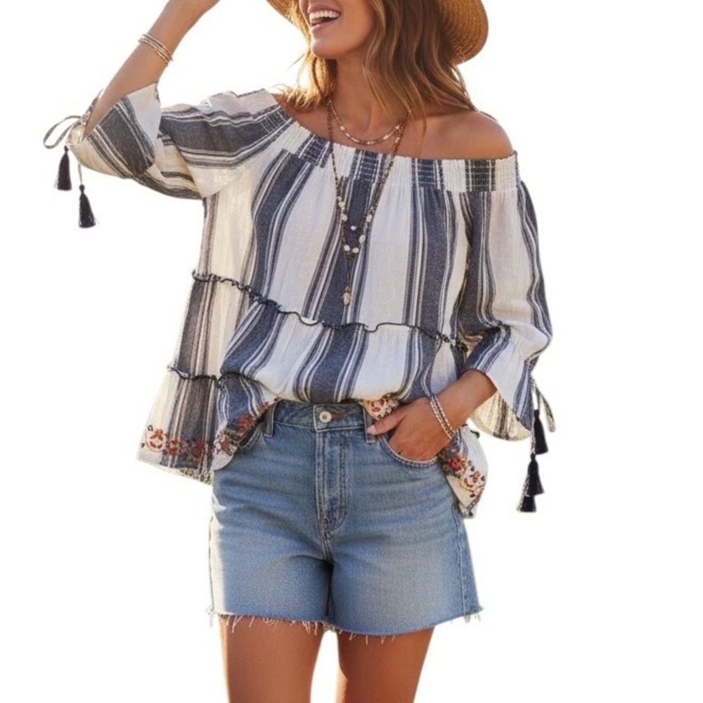 Knox Rose Women Small Linen Embroidered Tassel Top Costal Western Beachy Boho